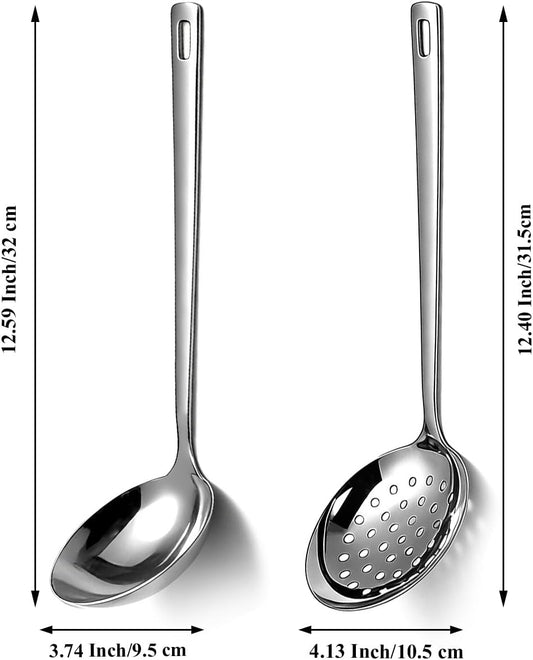 Berglander Slotted Spoons and Kitchen Ladle Spoon Set 2 Pcs, Stainless Steel Kitchen Spider Strainer Skimmer Soup Ladle for Straining Pasta/Cooking/Frying, Serving Soup/Gravy, Metal Kitchen Utensils