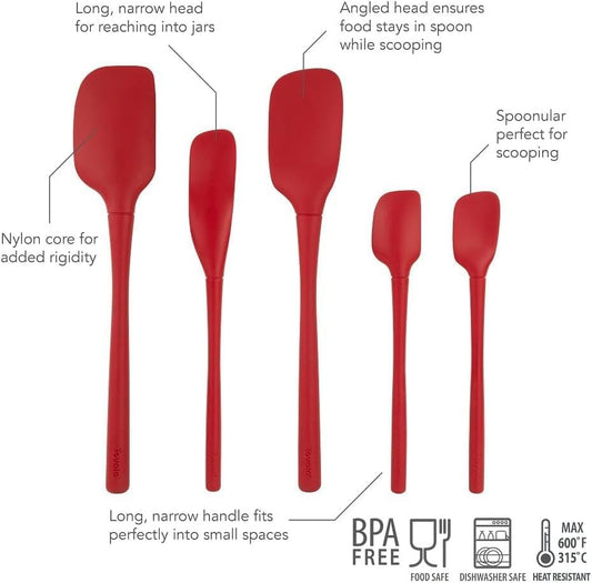 Tovolo Flex Core 5 Piece Silicone Spatula Set Heat Resistant All Silicone Utensils Include Non Stick Spatula Spoonula Jar Scraper, Dishwasher Safe BPA Free Spatulas for Baking Mixing, Cayenne Red