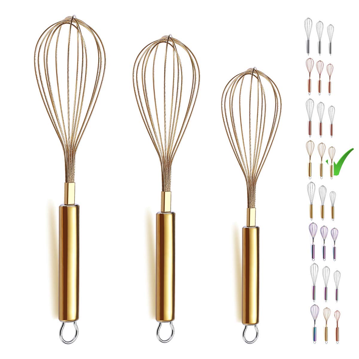 Berglander Gold Whisk Pack of 3 Stainless Steel 8",10",12", Titianium Plating Whisks for Cooking, Beater,Wire Whisk Set Kitchen Wisk (Gold)