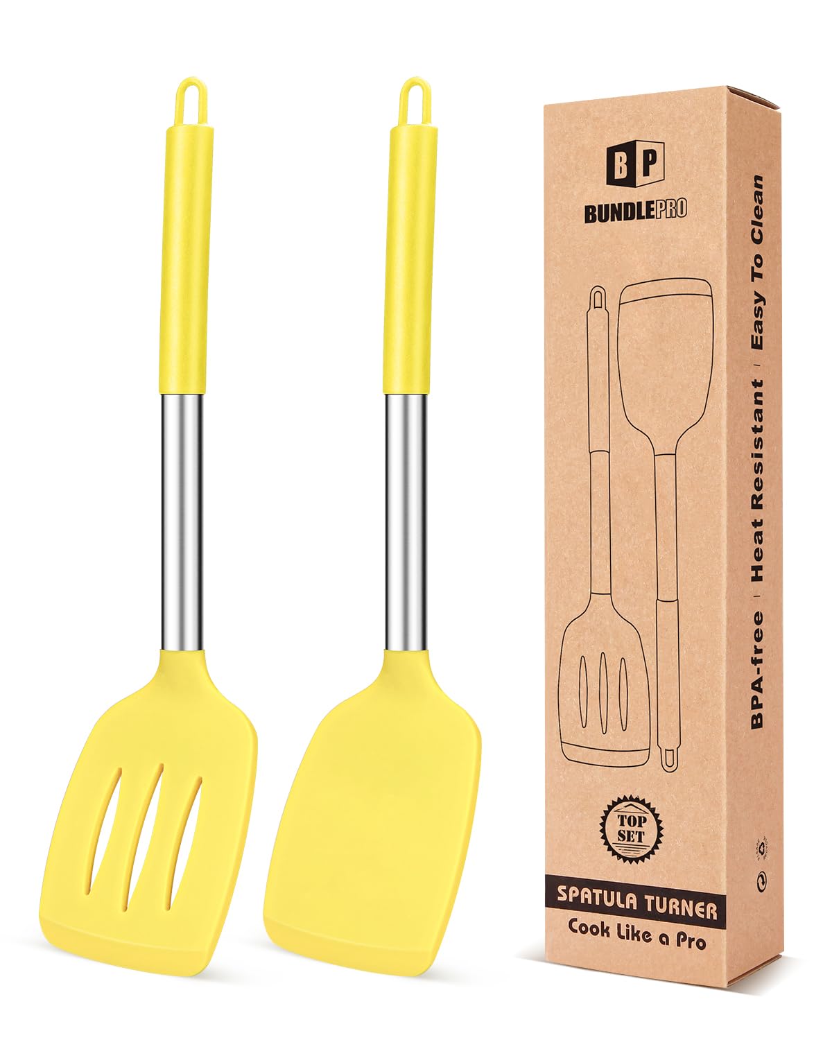 Pack of 2 Silicone Solid Turner, Non Stick Slotted Kitchen Spatulas, High Heat Resistant BPA Free Cooking Utensils, Ideal Cookware for Fish, Eggs, Pancakes(Stainless Steel Khaki)
