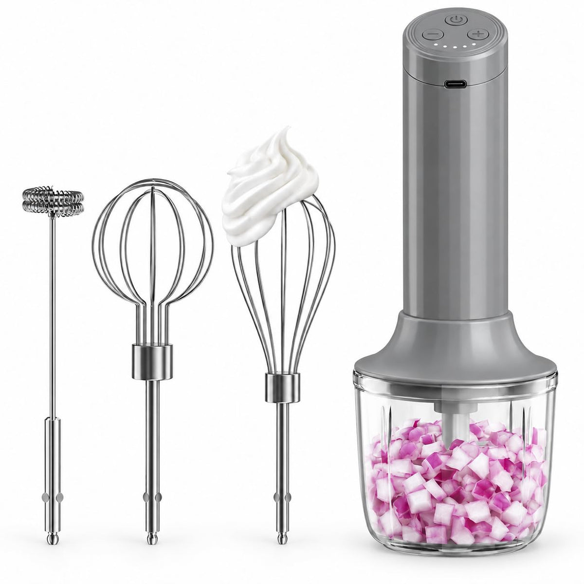 Cordless Hand Mixer, 4-in-1 Handheld Electric Mixer with Electric Whisk Frother & 10 oz Mini Food Chopper, USB-C Rechargeable 4-Speed Hand Mixer for Eggs, Cream, Coffee & Small-Batch Prep