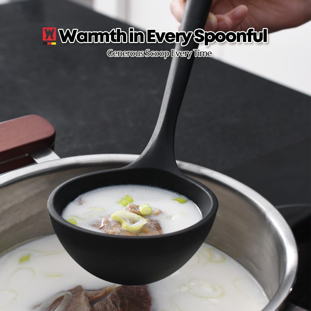 Cooking Ladle: Silicone Kitchen Utensil with Long Wooden Handles, Heat Resistant Cookware, Protects Surfaces with Gentle Head Design, Portion Batter, Professional Chef Wok Soup Ladle