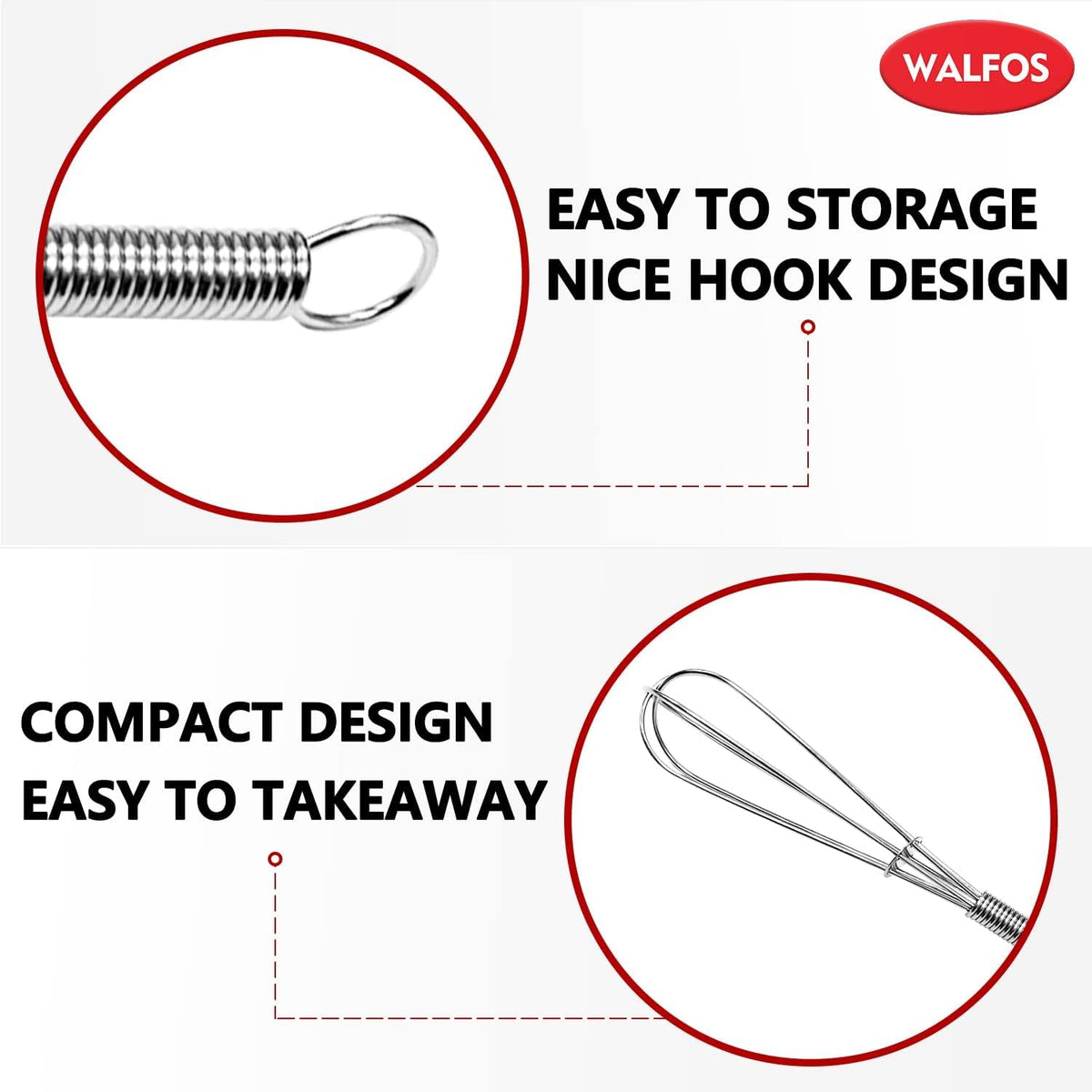 Walfos Mini Whisk,Non-Rust Whisk,304 Stainless steel Small Whisks.Heat Resistant 450℉.6+8Inch Tiny whisks Nice for Whisking, Blending Ingredients, Beating, Mixing Sauces (Silver)