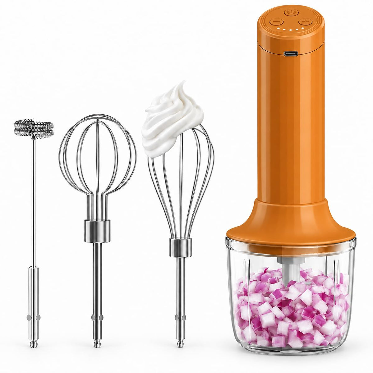 Cordless Hand Mixer, 4-in-1 Handheld Electric Mixer with Electric Whisk Frother & 10 oz Mini Food Chopper, USB-C Rechargeable 4-Speed Hand Mixer for Eggs, Cream, Coffee & Small-Batch Prep