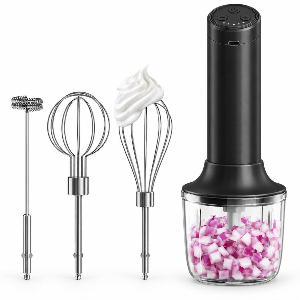 Cordless Hand Mixer, 4-in-1 Handheld Electric Mixer with Electric Whisk Frother & 10 oz Mini Food Chopper, USB-C Rechargeable 4-Speed Hand Mixer for Eggs, Cream, Coffee & Small-Batch Prep
