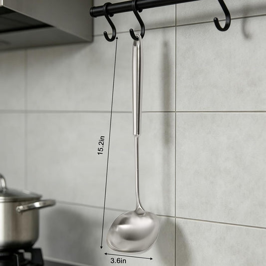 15.4" Large Soup Ladle,316 Stainless Steel Kitchen Ladle with Unique Square Head,Premium Matte Finish Gravy Ladle for Serving Stews,Soups&Sauces,Ergonomic Heat-Resistant Handle Soup Spoon