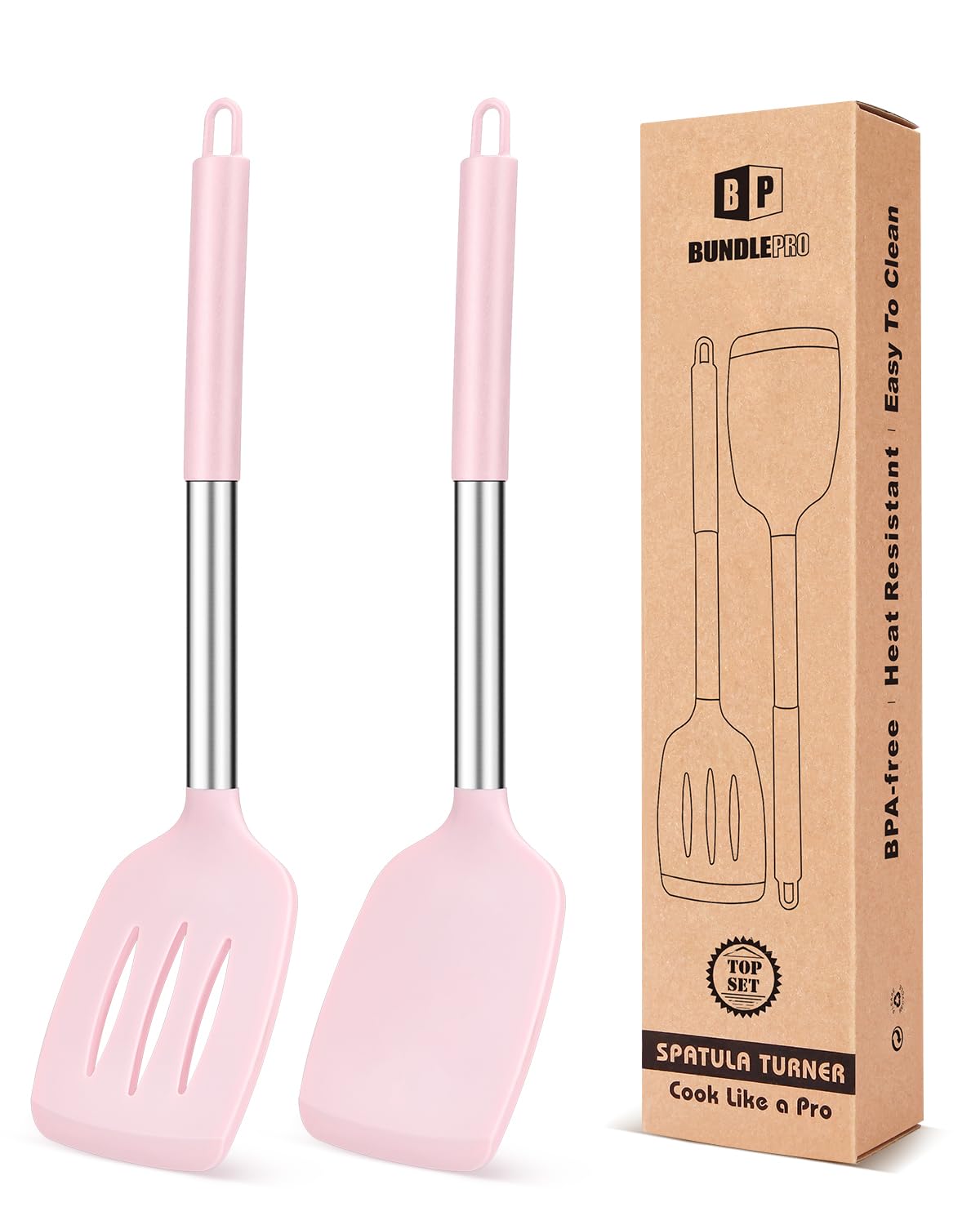 Pack of 2 Silicone Solid Turner, Non Stick Slotted Kitchen Spatulas, High Heat Resistant BPA Free Cooking Utensils, Ideal Cookware for Fish, Eggs, Pancakes(Black)