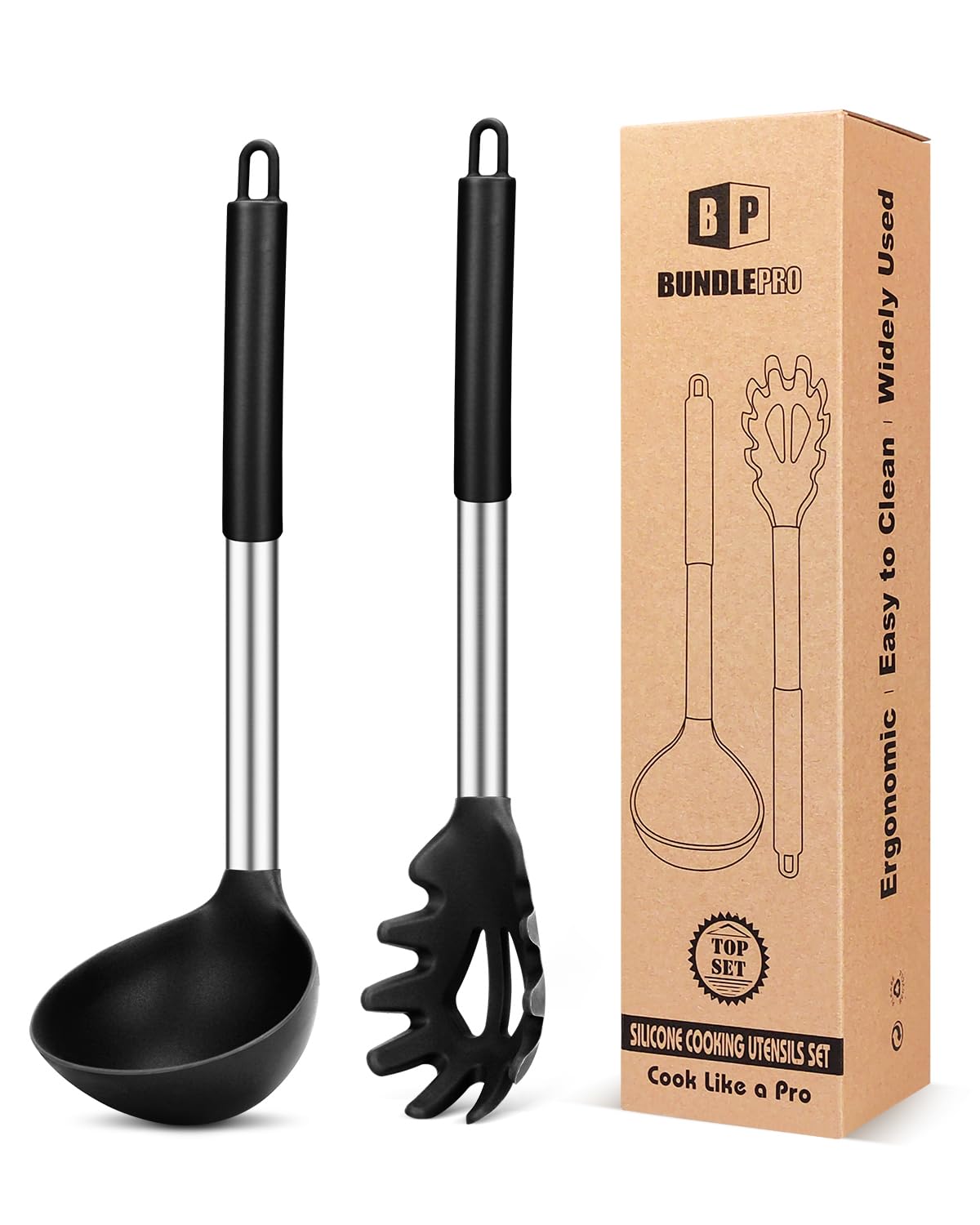 BUNDLEPRO Silicone Soup Ladle and Pasta Spoon Set, 2 Pack, Black