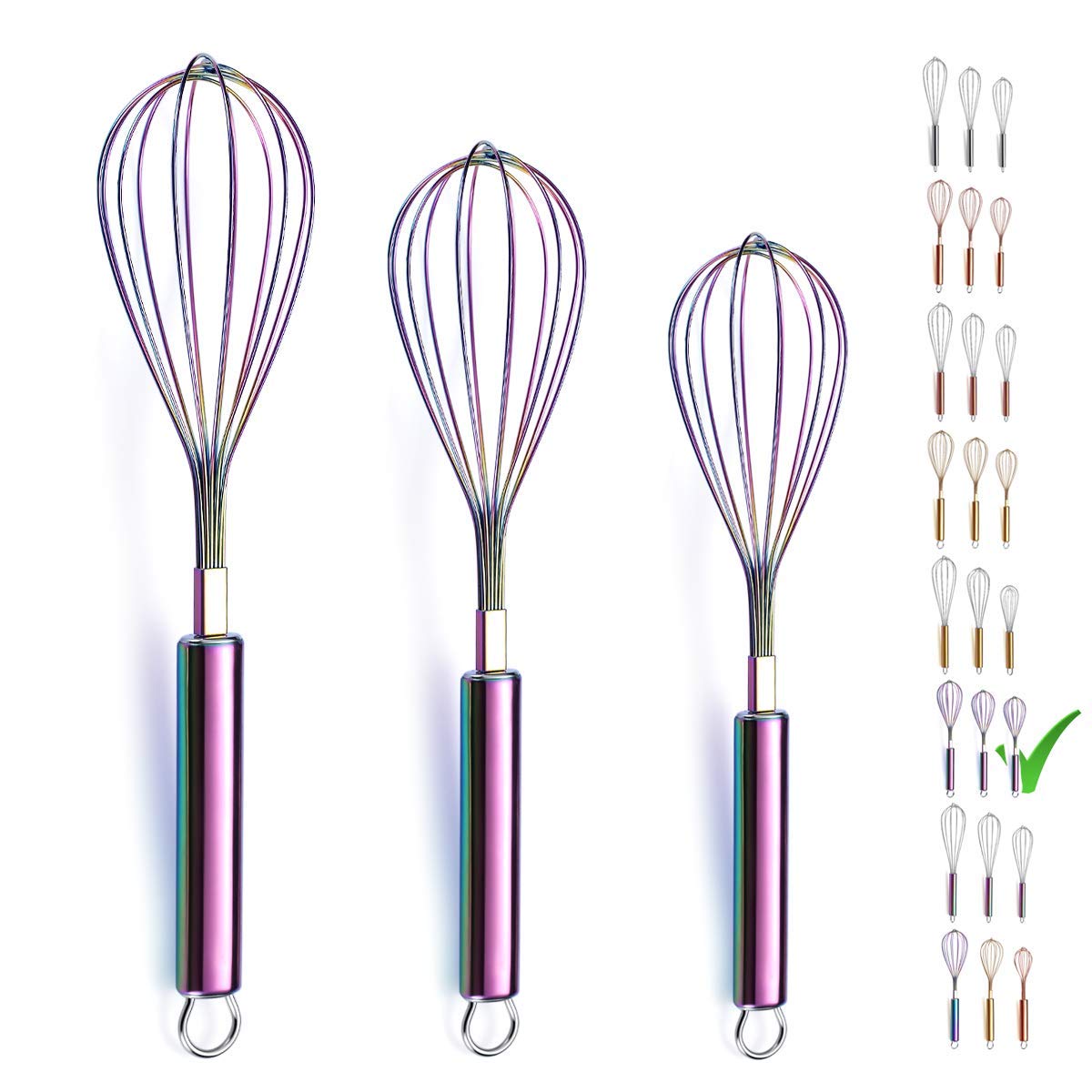 Berglander Gold Whisk Pack of 3 Stainless Steel 8",10",12", Titianium Plating Whisks for Cooking, Beater,Wire Whisk Set Kitchen Wisk (Gold)