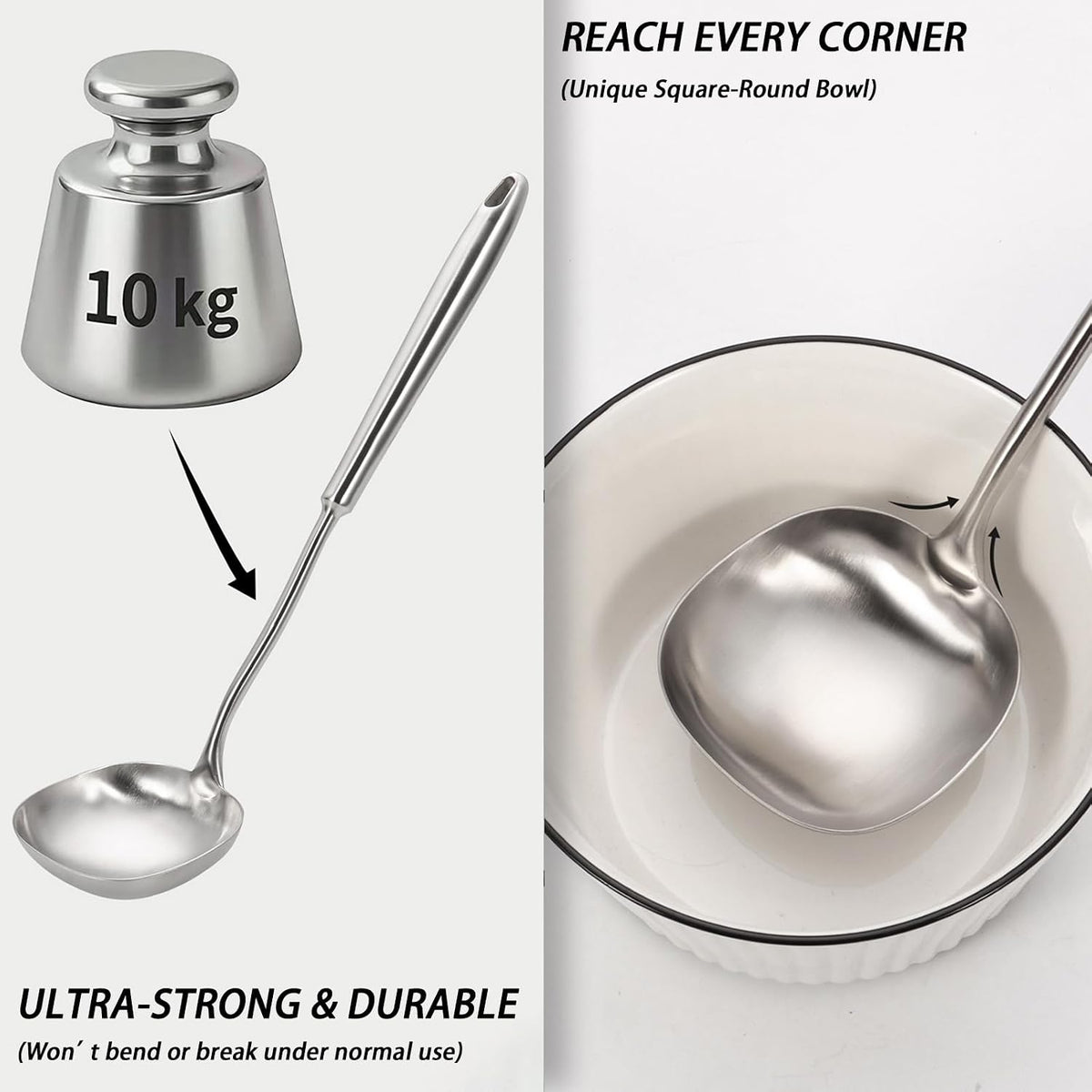 15.4" Large Soup Ladle,316 Stainless Steel Kitchen Ladle with Unique Square Head,Premium Matte Finish Gravy Ladle for Serving Stews,Soups&Sauces,Ergonomic Heat-Resistant Handle Soup Spoon