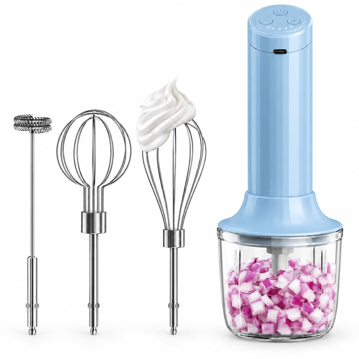 Cordless Hand Mixer, 4-in-1 Handheld Electric Mixer with Electric Whisk Frother & 10 oz Mini Food Chopper, USB-C Rechargeable 4-Speed Hand Mixer for Eggs, Cream, Coffee & Small-Batch Prep