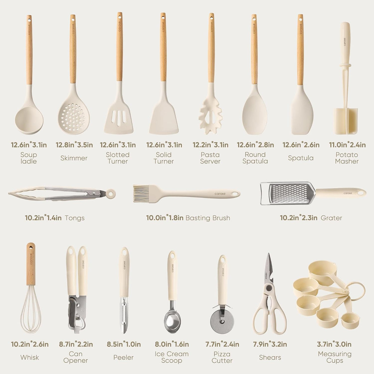 CAROTE 22-Piece Cooking Utensils Set with Wood Cool-Touch Handles, Cream