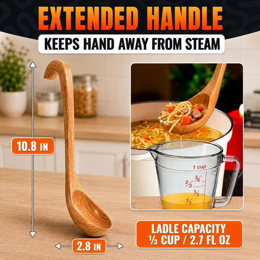 Wooden Ladle for Soup, Bamboo Ladle, Wooden Soup Spoon for Cooking, 10.8 In