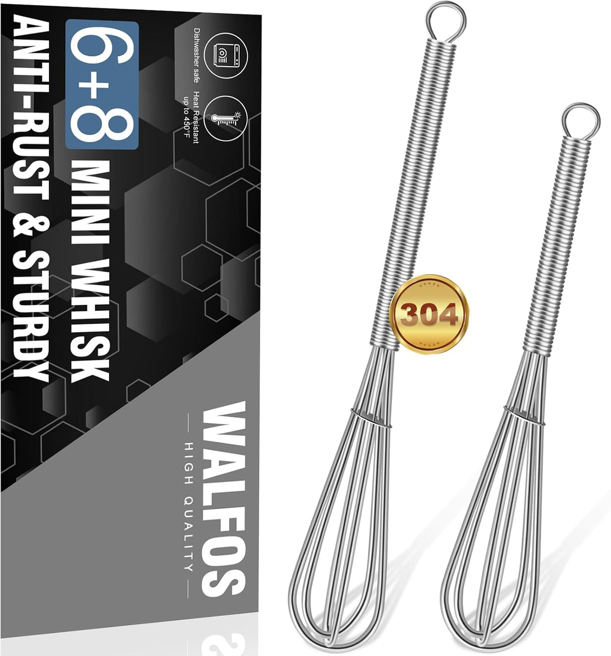 Walfos Mini Whisk,Non-Rust Whisk,304 Stainless steel Small Whisks.Heat Resistant 450℉.6+8Inch Tiny whisks Nice for Whisking, Blending Ingredients, Beating, Mixing Sauces (Silver)