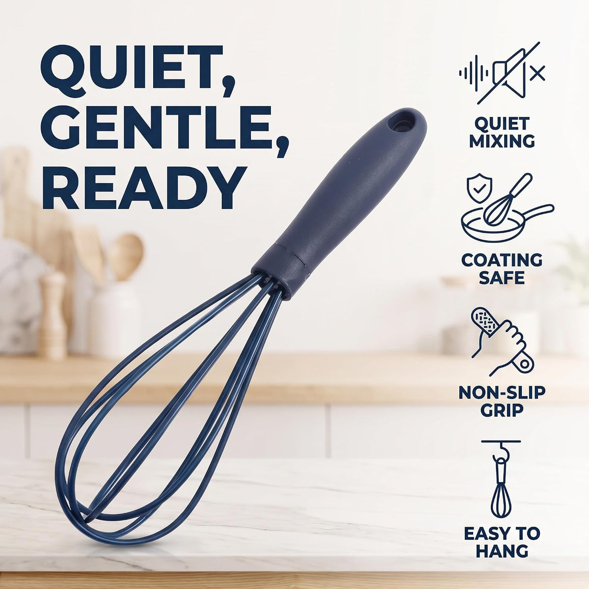 Navy Blue Silicone Whisk, Mini Silicone Whisks Multifunctional Manual Egg Beater Mixer Bake Tool for Blending Whisking Stirring Cooking Home and Kitchen