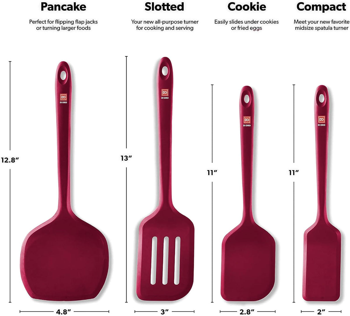 DI ORO Silicone Turner Spatula Set - 600F Heat Resistant, 4-Pc Red