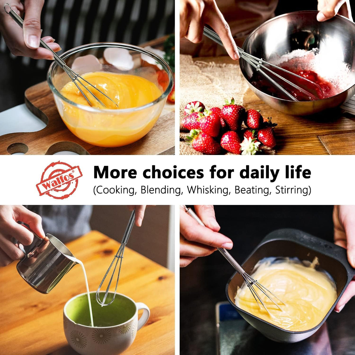 Walfos Mini Whisk,Non-Rust Whisk,304 Stainless steel Small Whisks.Heat Resistant 450℉.6+8Inch Tiny whisks Nice for Whisking, Blending Ingredients, Beating, Mixing Sauces (Silver)