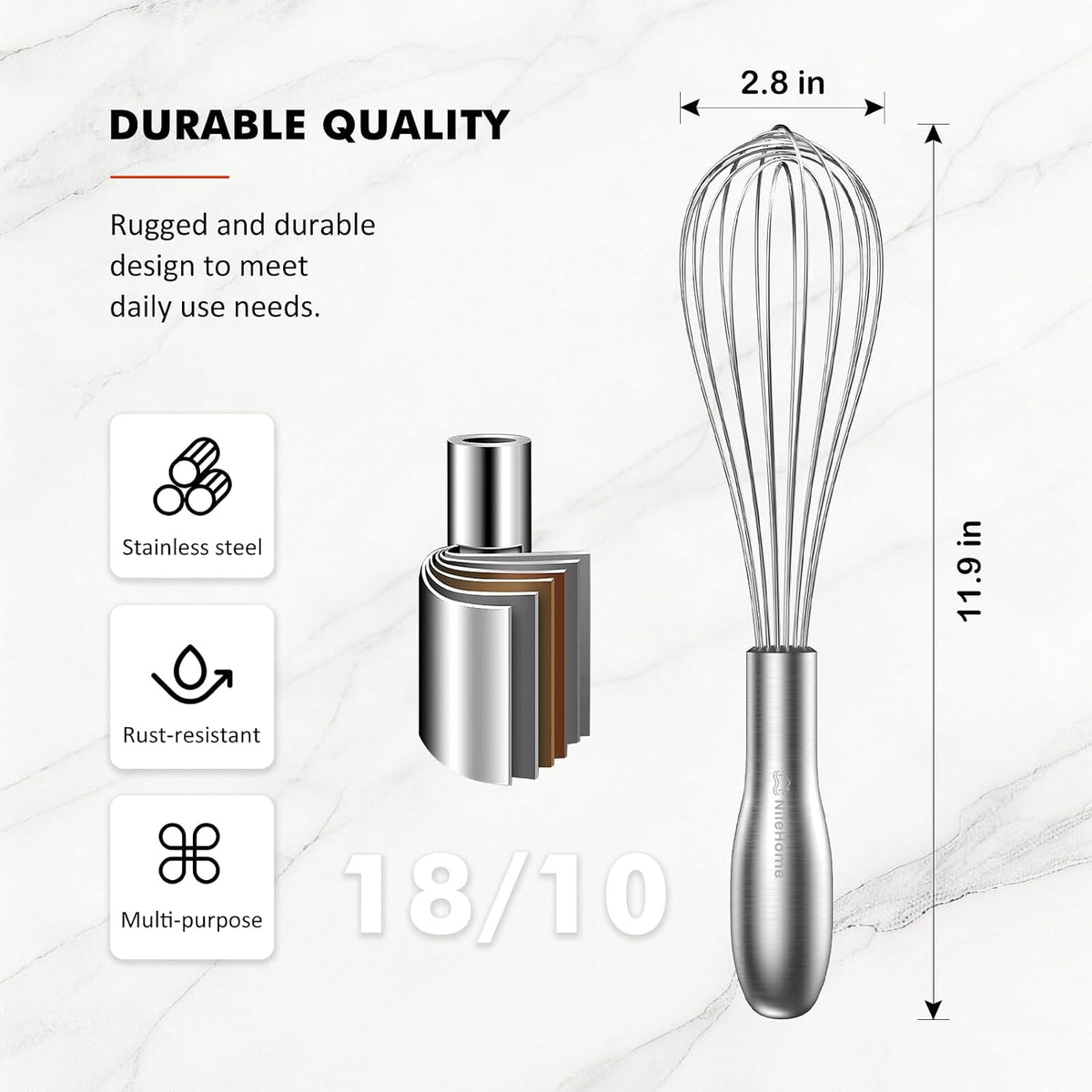 NileHome 18/10 Stainless Steel Whisk-10in,Kitchen Utensils for Cooking