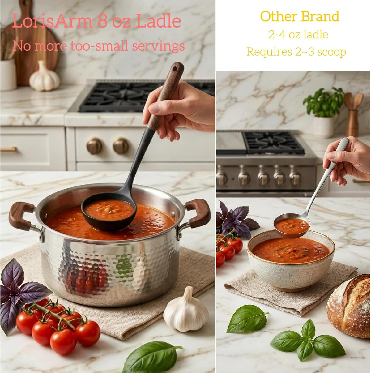LorisArm Large 13" Soup Ladle Spoon, 8 Ounce Wooden handle Silicone Ladle Spoons Non Stick Kitchen Utensils.