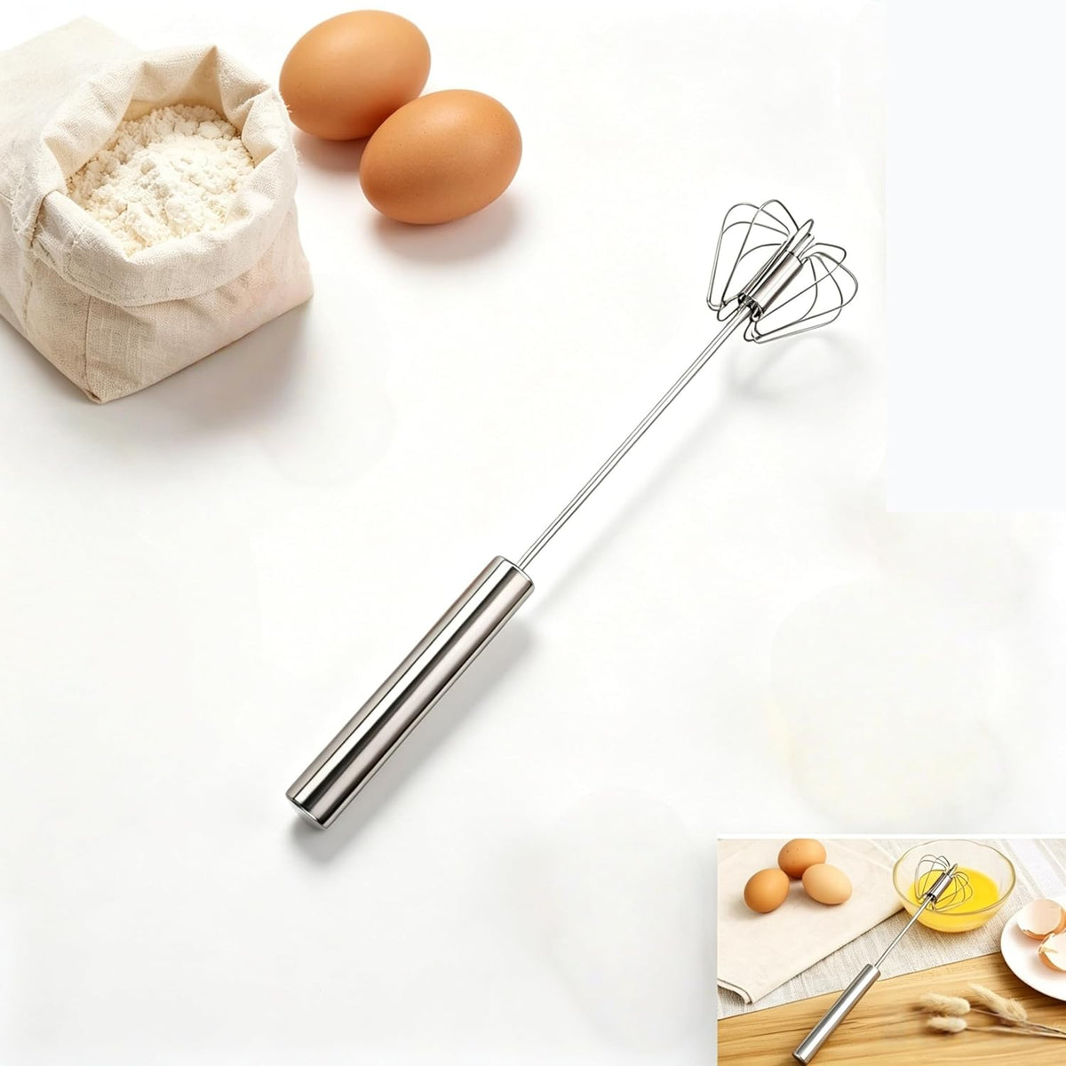 Stainless Steel Semi-Automatic Whisk, New Stainless Steel Egg Whisk Hand Push Spinning Whisk, Versatile Egg Whisk Stirrer Tool for Making Cream, Beating and Stirring Whisking (1, small)
