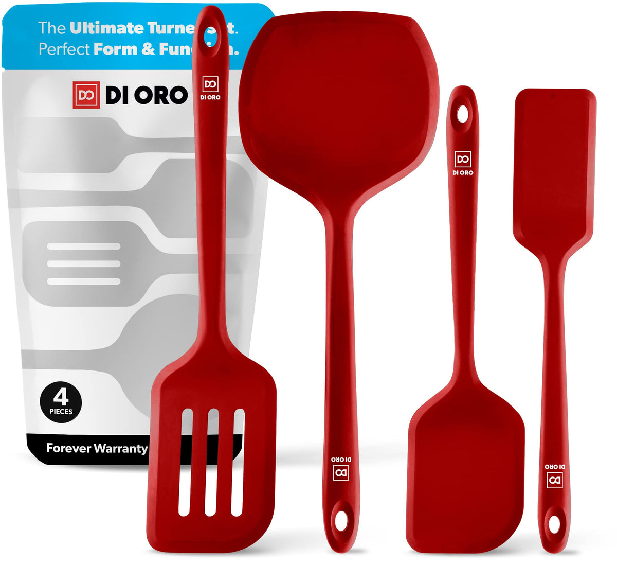 DI ORO Silicone Turner Spatula Set - 600F Heat Resistant, 4-Pc Red