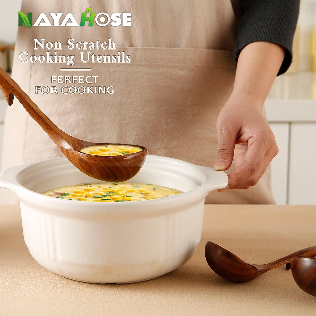 3Pcs Wooden Ladle for Soup, 3Size Natural Teak Wooden Spoons for Cooking, Non-Stick Wood Spoon, Wood Cooking Spoons, Wooden Soup Spoons, Kitchen Utensils Spoons Sets