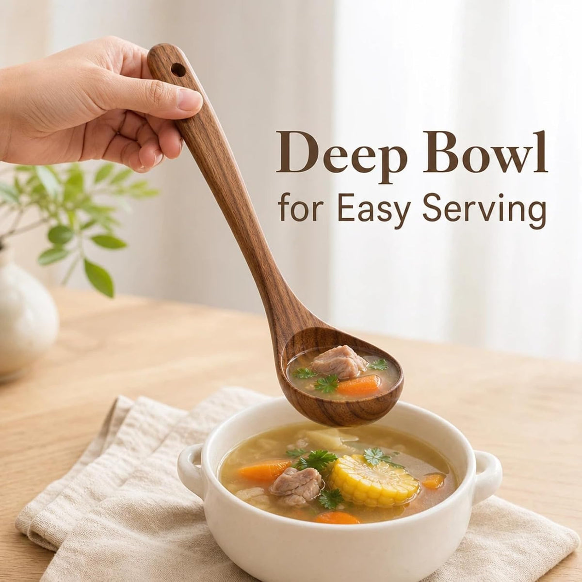 Wooden Ladle for Soup – 11x3" Deep Wood Ladle, Long Handle-End & Heat-Resistant Handle for Comfortable Grip, Easy to Clean Wooden Soup Spoon for Sauces, Stews and Kitchen Use Cooking