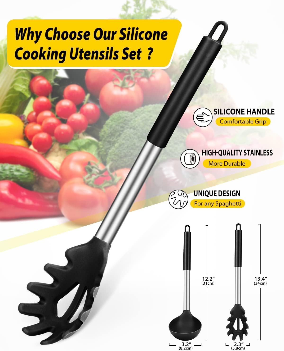 BUNDLEPRO Silicone Soup Ladle and Pasta Spoon Set, 2 Pack, Black