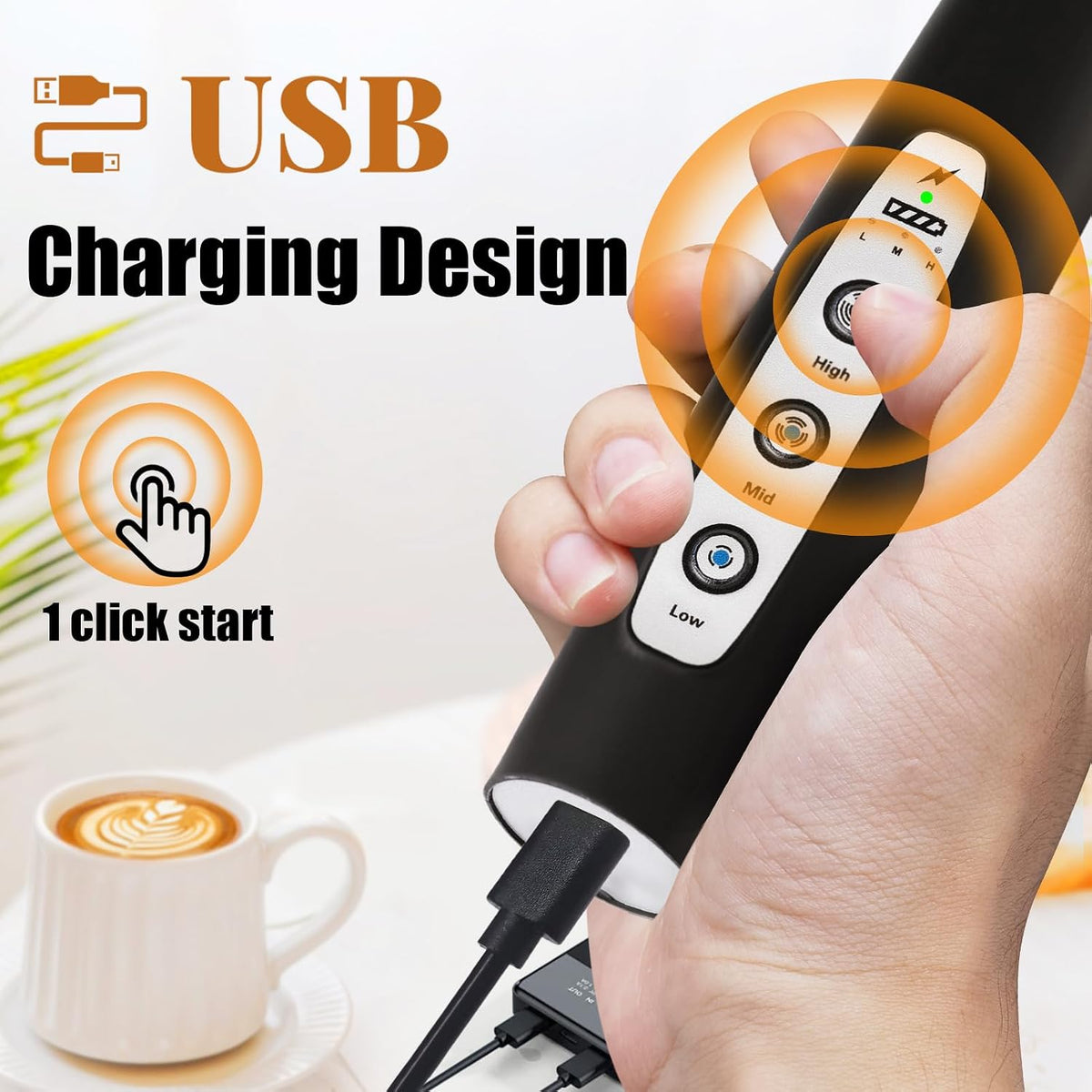 Nahida Black Milk Frother Wand for Coffee, Frother Handheld Rechargeable Electric Whisk Drink Mixer with 3 Heads 3 Speeds Coffee Frother Electric Stirrer For Latte, Cappuccino, Hot Chocolate