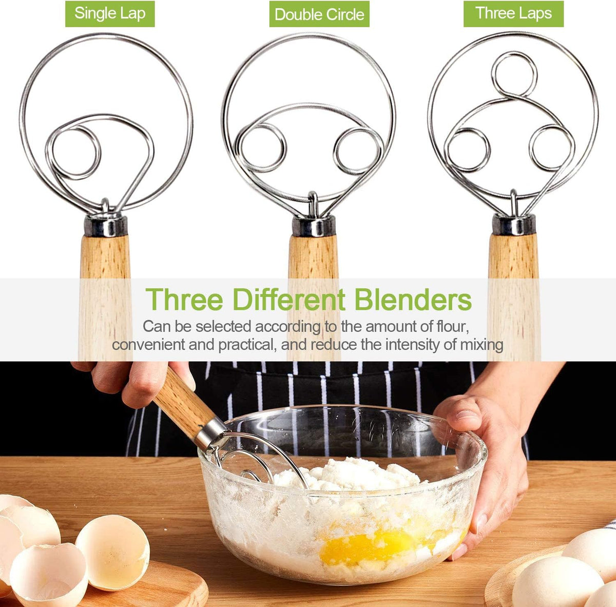 3PCS Stainless Steel Danish Dough Mixing, Kalolary Whisk Mix Tool (3 Sizes)
