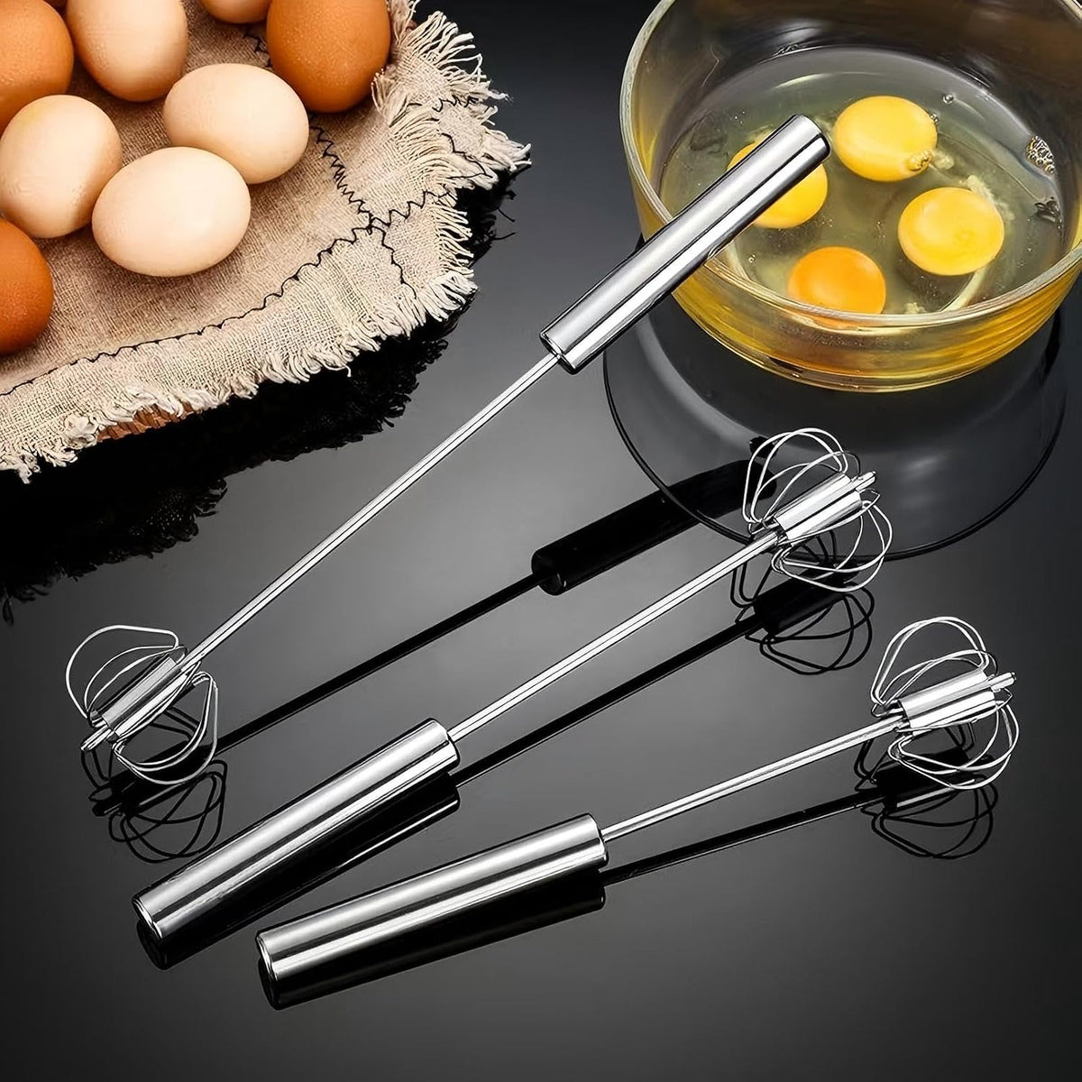 3 Pack Stainless Steel Egg Whisk, Hand Push Rotary Whisk Blender, Versatile Easy Whisk, Hand Push Mixer Stirrer for Beating Eggs, Frothing Milk, Blending, Mixing, Whipping Smoothies & Shakes