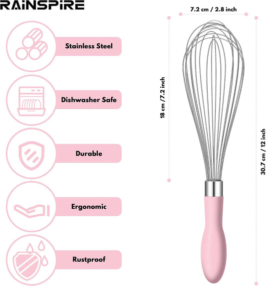 Rainspire Wire Whisk Stainless Steel, Balloon Whisks for Cooking, Wisk Wisking Tool With Soft Silicone Handle, Thick Durable Whisker for Blending, Beating, Whisking (Pink, 12 inch)