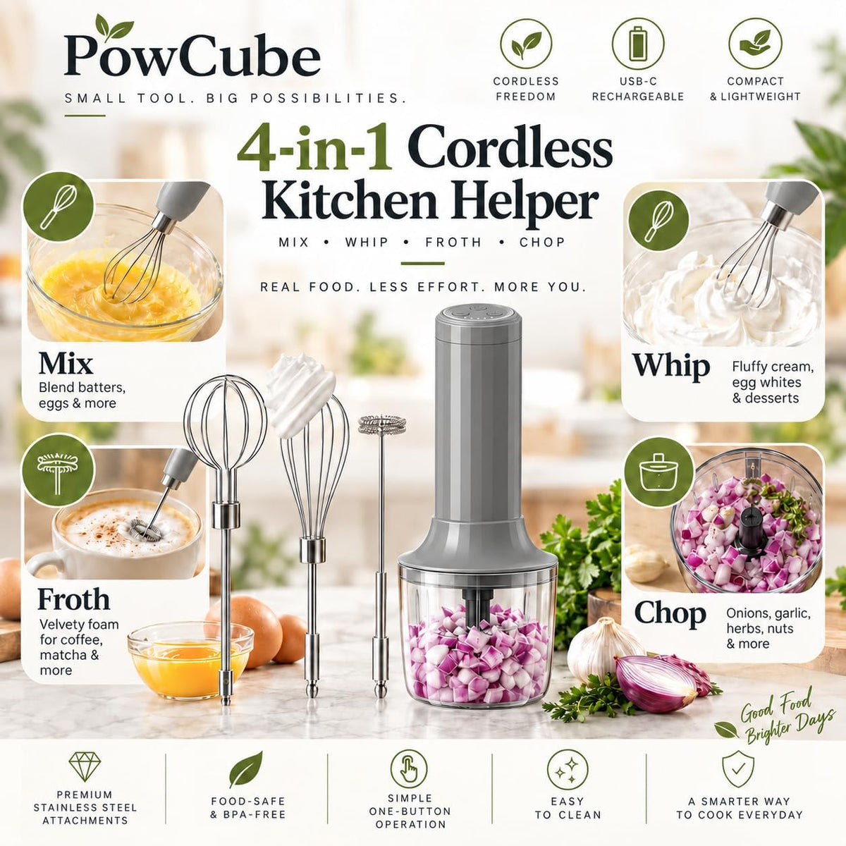Cordless Hand Mixer, 4-in-1 Handheld Electric Mixer with Electric Whisk Frother & 10 oz Mini Food Chopper, USB-C Rechargeable 4-Speed Hand Mixer for Eggs, Cream, Coffee & Small-Batch Prep