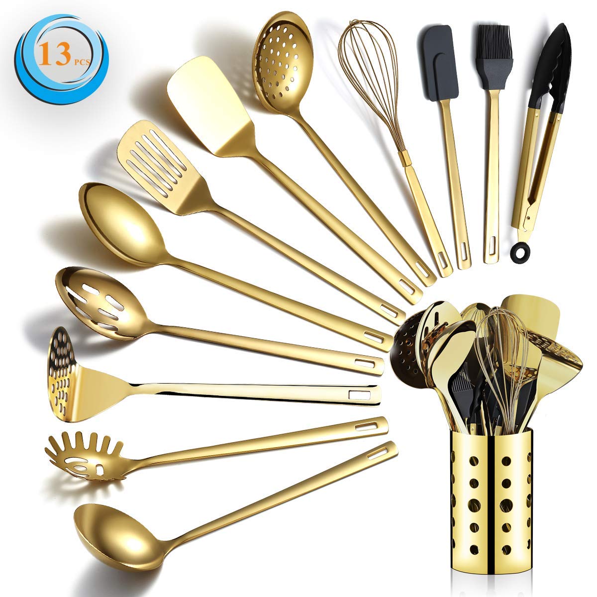 Gold Ladle, Berglander Stainless Steel Kitchen Ladle With Titainium Gold Plating, Soup Ladle, Cooking Ladle, Metal Soup Spoon For Cooking, Dishwasher Safe, Easy to Clean