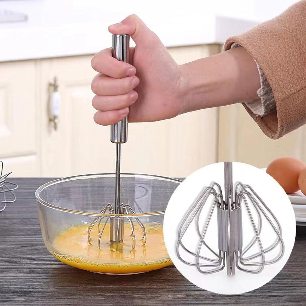 2PCS Semi Automatic Whisk Stainless Steel Semi-Automatic Egg Whisk for Home