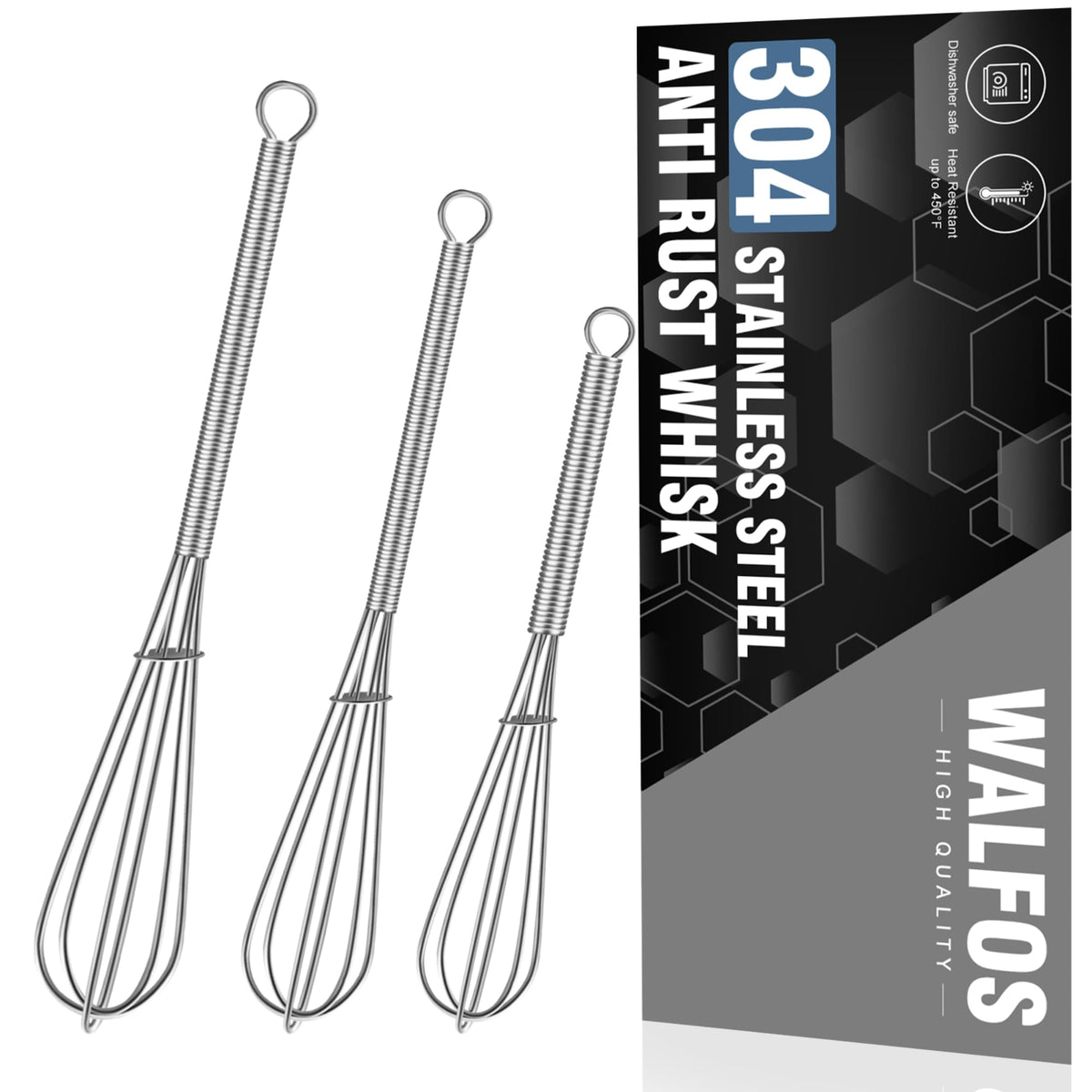 Walfos Mini Whisk,Non-Rust Whisk,304 Stainless steel Small Whisks.Heat Resistant 450℉.6+8Inch Tiny whisks Nice for Whisking, Blending Ingredients, Beating, Mixing Sauces (Silver)