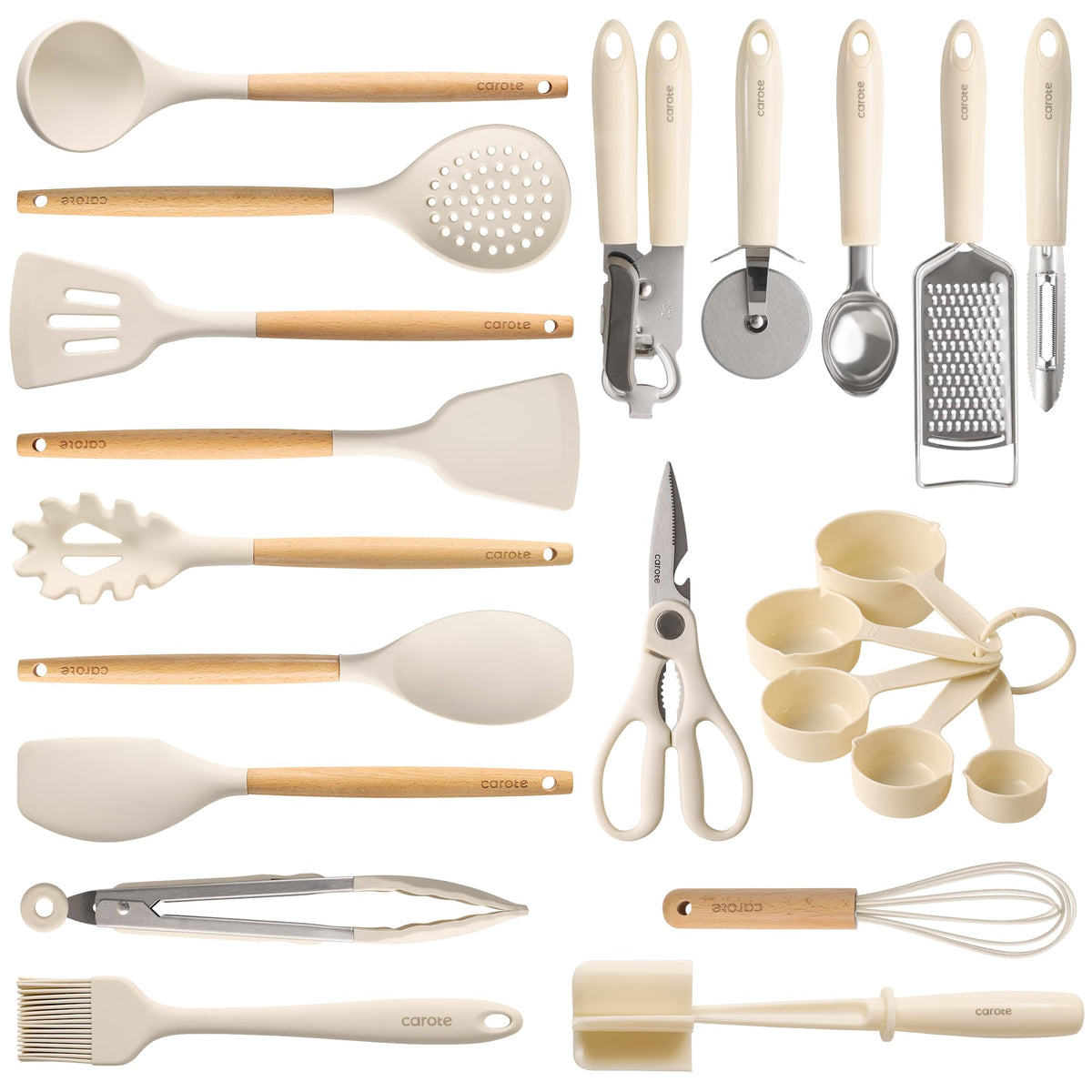 CAROTE 22-Piece Cooking Utensils Set with Wood Cool-Touch Handles, Cream