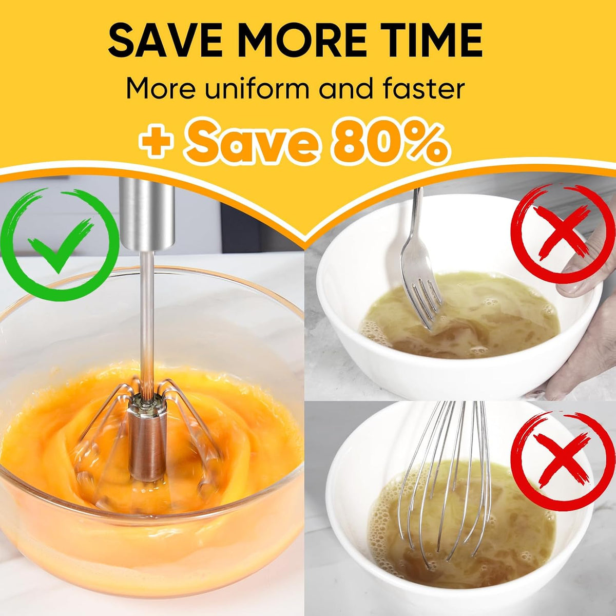 OOKUU Stainless Steel Egg Whisk, Semi Automatic Whisk Blender - Versatile Tool for Blending, Whisking, Beating & Stirring (12in)