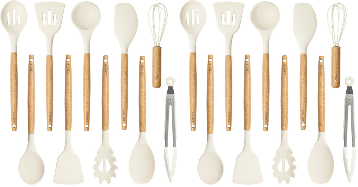 CAROTE 22-Piece Cooking Utensils Set with Wood Cool-Touch Handles, Cream