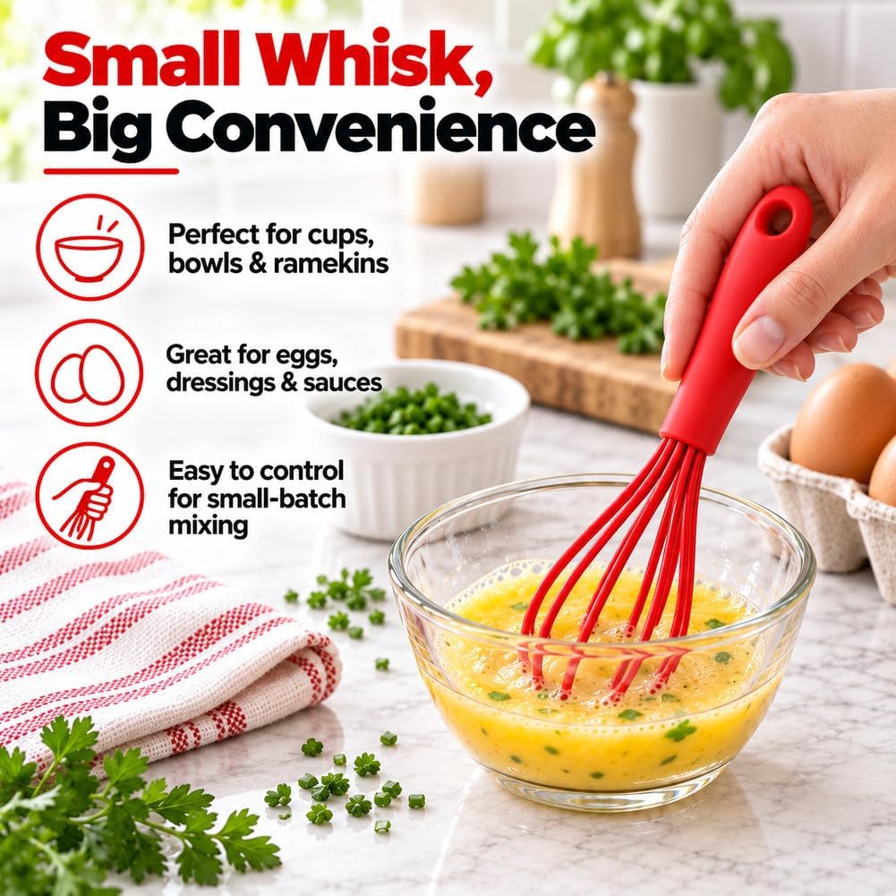 Compact Silicone Whisk (6.7 Inch), 12 Pack Portable Mini Balloon Mixer Egg Beater, Manual Handheld Milk Frothers, Household Egg Blender Small Silicone Egg Whisks for Cooking (Red)