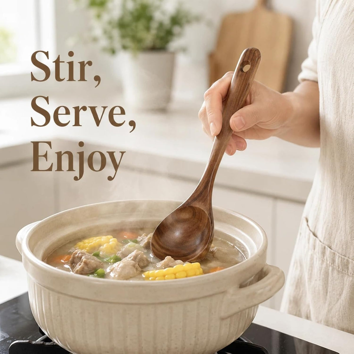 Wooden Ladle for Soup – 11x3" Deep Wood Ladle, Long Handle-End & Heat-Resistant Handle for Comfortable Grip, Easy to Clean Wooden Soup Spoon for Sauces, Stews and Kitchen Use Cooking
