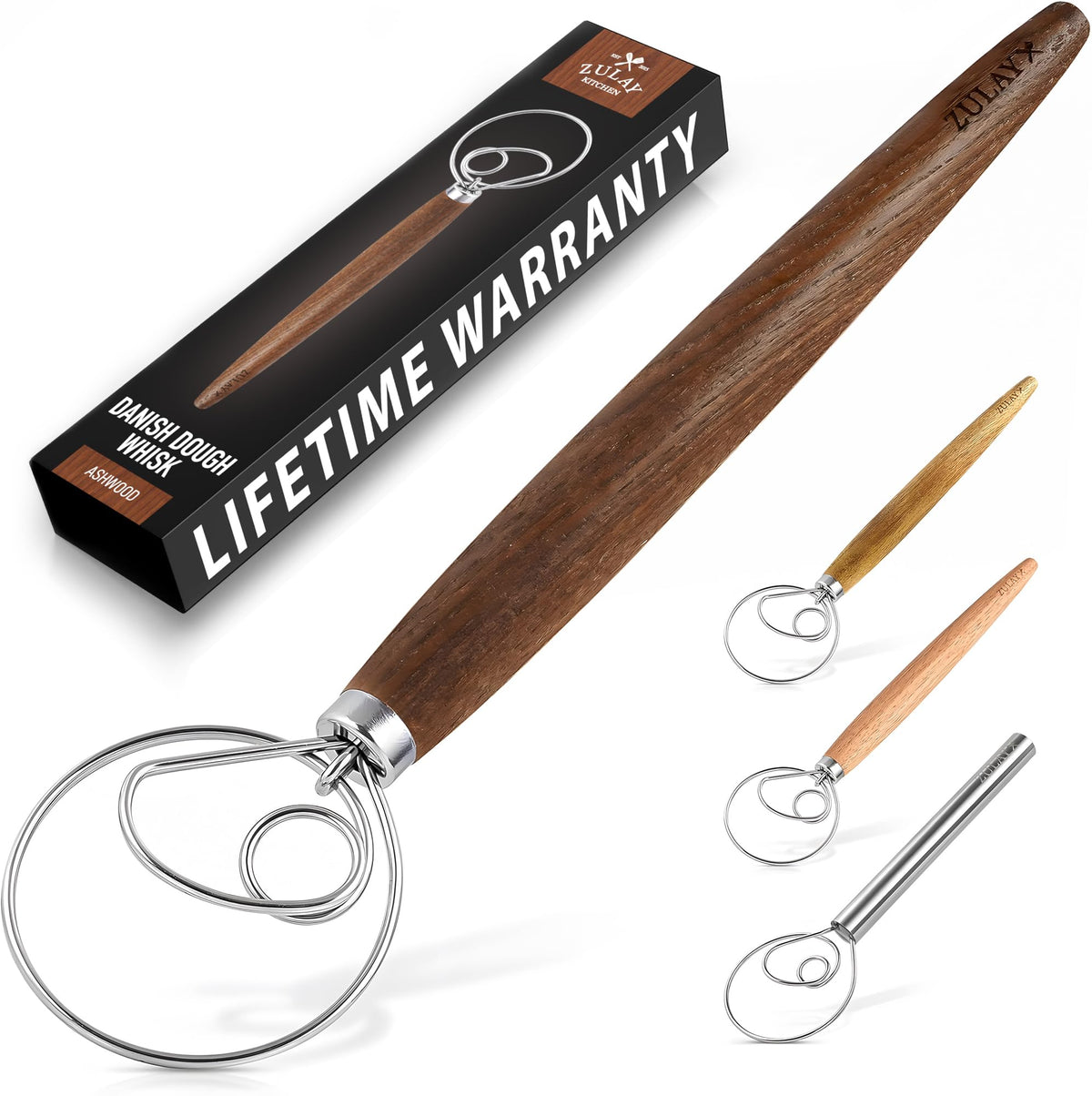 Zulay Kitchen 13-Inch Danish Dough Whisk - Stainless Steel Wooden Whisk with Dough Hook - Sourdough Whisk for Bread, Pizza, Pastry, Cake Batter & More - Wood