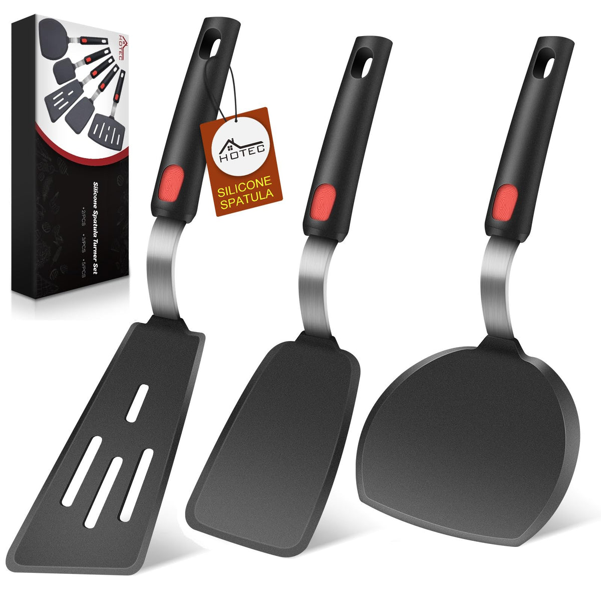 HOTEC Silicone Spatula Turner Set of 3, Heat Resistant 600°F & BPA-Free Flexible Rubber Spatulas for Nonstick Cookware, Kitchen Utensils for Flipping Eggs, Fish, Burgers, Pancakes, Cookie, Crepes