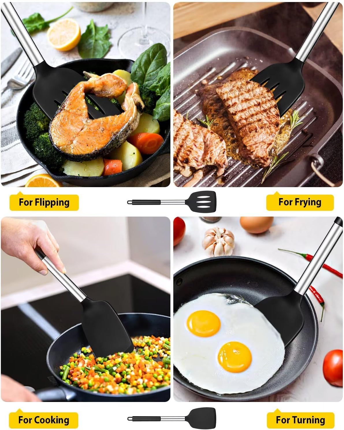 Pack of 2 Silicone Solid Turner, Non Stick Slotted Kitchen Spatulas, High Heat Resistant BPA Free Cooking Utensils, Ideal Cookware for Fish, Eggs, Pancakes(Black)