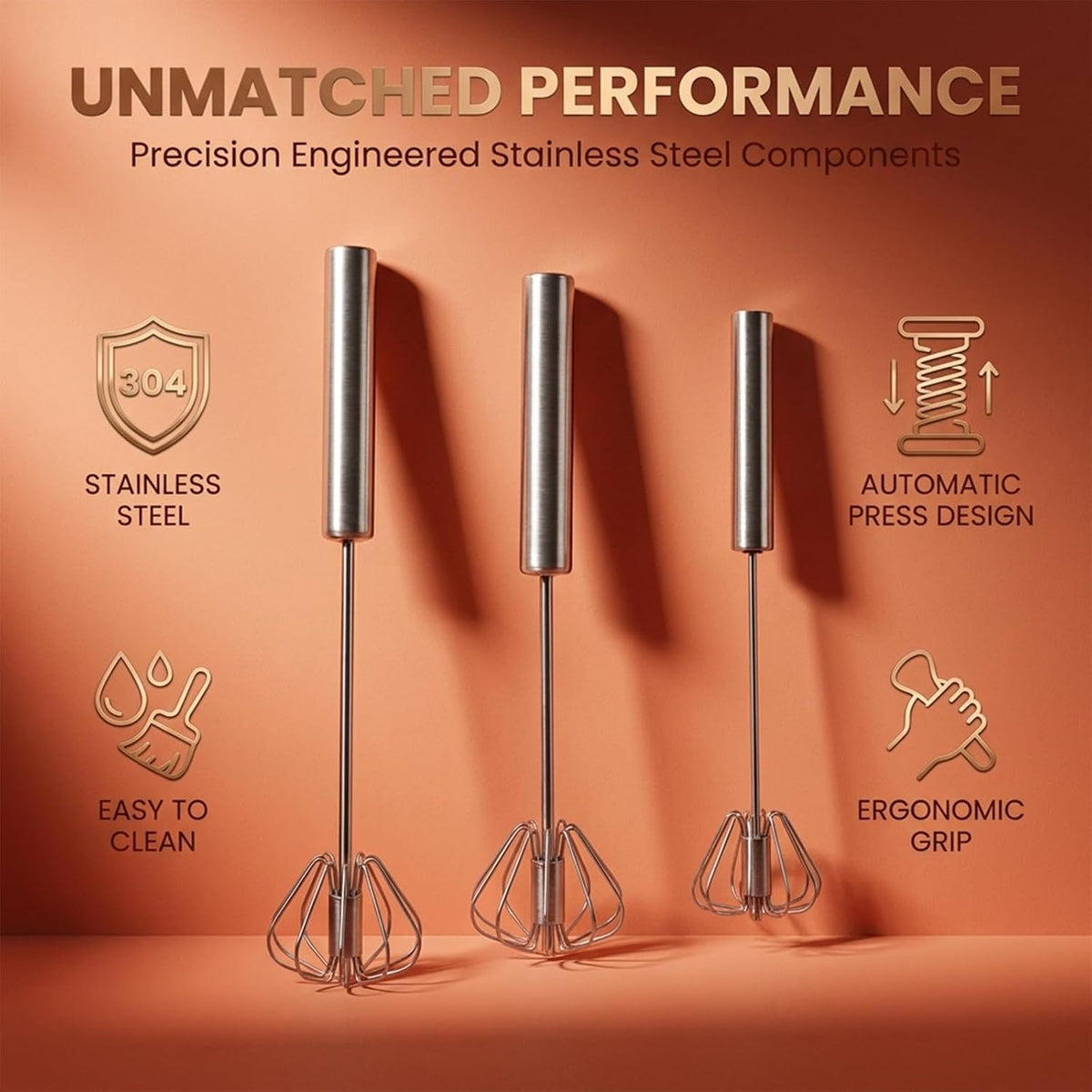 Automatic Eggbeater Manual Push Whisk Stainless Steel,10inch-2 Packs