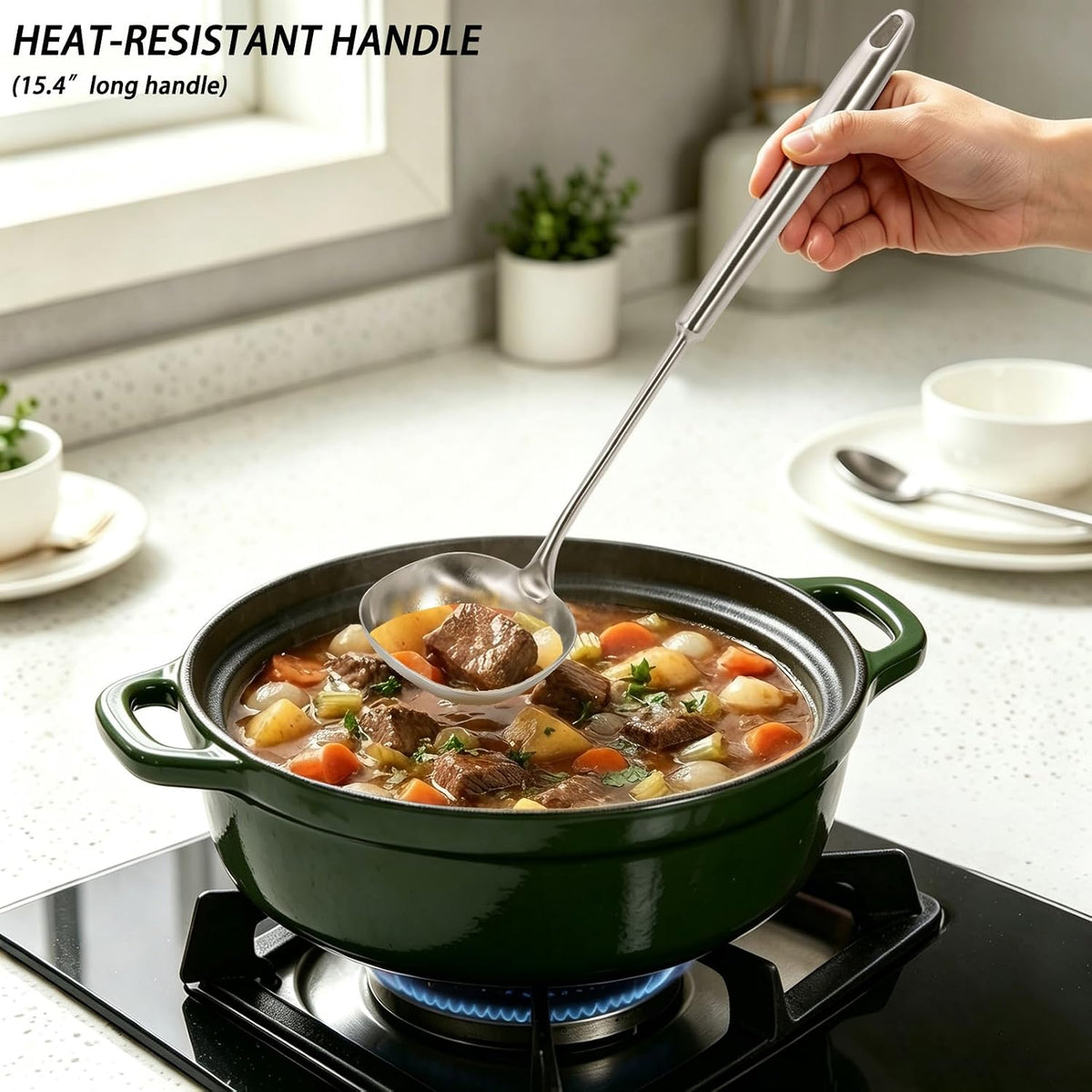 15.4" Large Soup Ladle,316 Stainless Steel Kitchen Ladle with Unique Square Head,Premium Matte Finish Gravy Ladle for Serving Stews,Soups&Sauces,Ergonomic Heat-Resistant Handle Soup Spoon