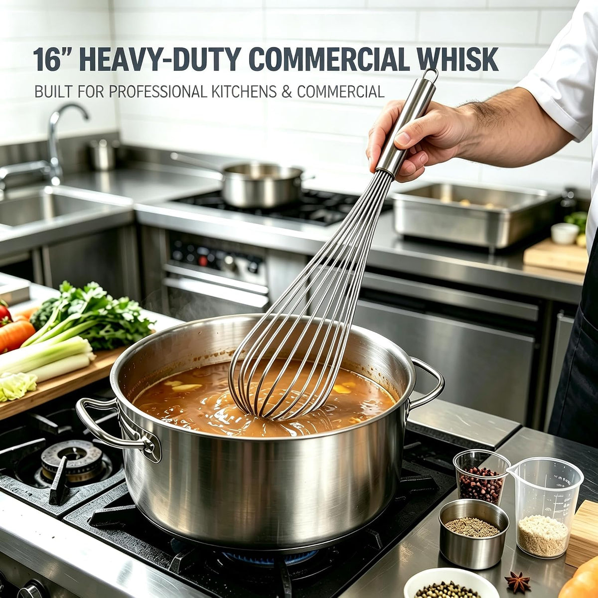 Large Commercial whisk, Heavy Duty 16in Wire Whisk, 304 Stainless Steel 2.5mm Thick Manual Egg Whisk, Durable Kitchen Mixer Mixing Batter, Beating Egg and Blending Sauces.