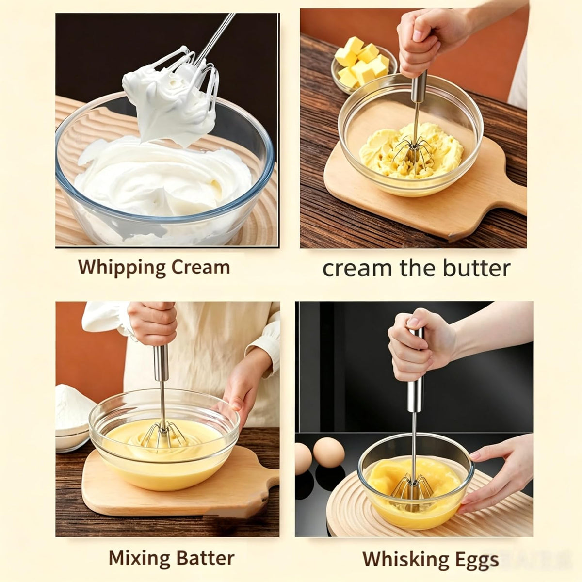 Stainless Steel Semi-Automatic Whisk, New Stainless Steel Egg Whisk Hand Push Spinning Whisk, Versatile Egg Whisk Stirrer Tool for Making Cream, Beating and Stirring Whisking (1, small)