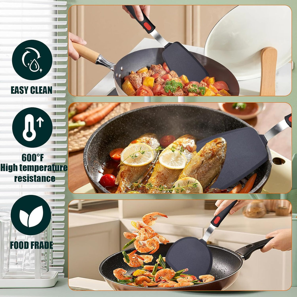 TOTDTDA 3-Pack Large Silicone Spatula Turners for Nonstick Cookware