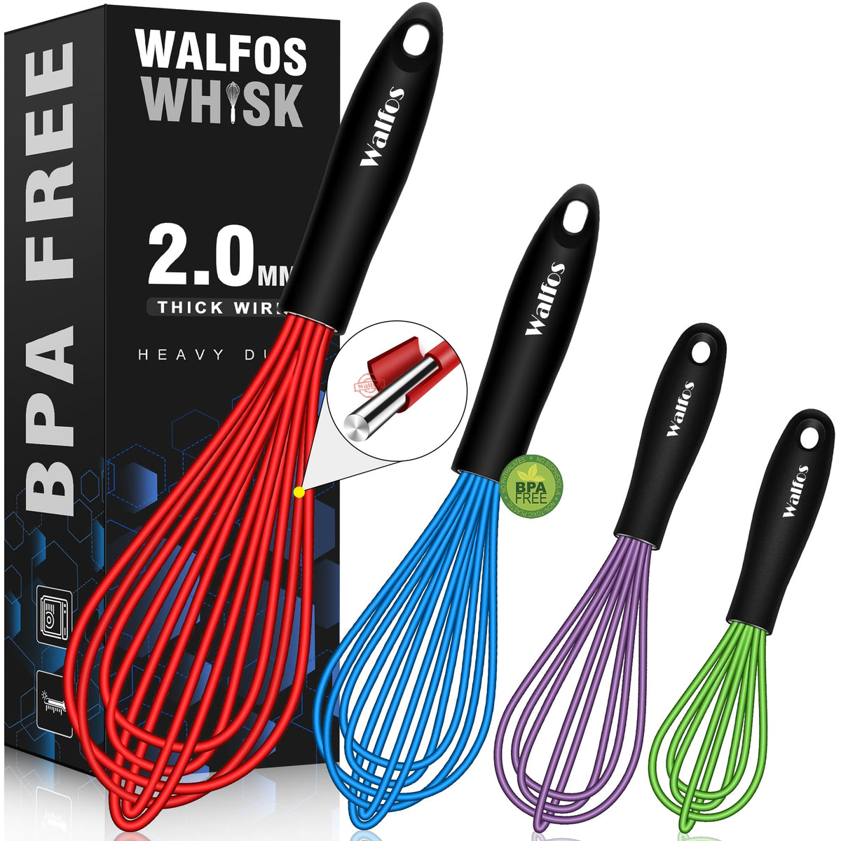 Walfos Mini Whisk,Non-Rust Whisk,304 Stainless steel Small Whisks.Heat Resistant 450℉.6+8Inch Tiny whisks Nice for Whisking, Blending Ingredients, Beating, Mixing Sauces (Silver)